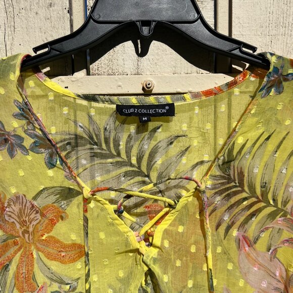 NWOT Beach Cover-Up Dress Sheer Yellow Tropical Floral with Pom-Pom Trim, Size M - Picture 5 of 9